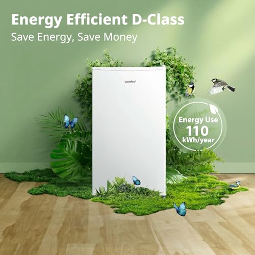 COMFEE' RCD80WH3UK(E) 80L Under Counter Fridge with 4 Star Ice Box, Inverter Compressor, Quiet 39dB, LED Light, Reversible Door, Adjustable Temperature Control, White