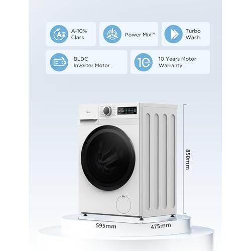Midea Freestanding 8 KG Front Load Washing Machine Slim,A-10% Class,Steam Wash,Turbo Quick Wash,Durable Inverter BLDC,1400 RPM,White-MF110W80BA10/W-UK