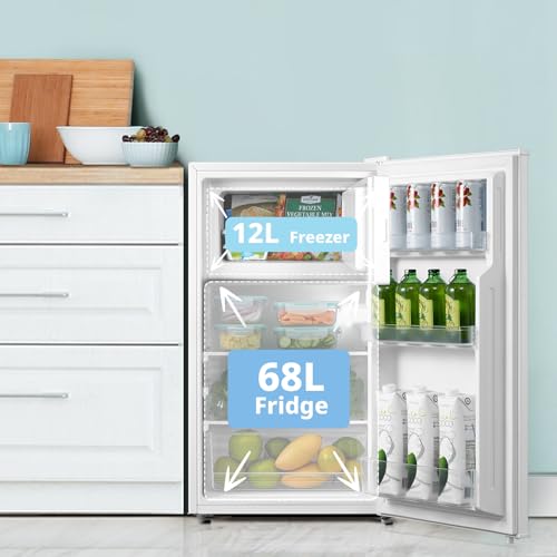 COMFEE' RCD80WH3UK(E) 80L Under Counter Fridge with 4 Star Ice Box, Inverter Compressor, Quiet 39dB, LED Light, Reversible Door, Adjustable Temperature Control, White