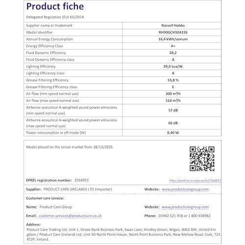 Russell Hobbs 90cm Curved Glass Cooker Hood in Stainless Steel with 3 Speed Settings, 1 x Carbon Filter, Extraction or Recirculation, 500m³/h Extraction Rate, A+ Energy Rating, RH90GCH92A1SS