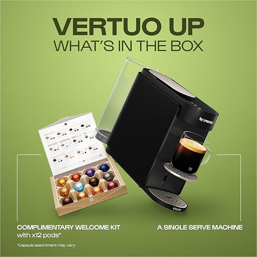 Nespresso Vertuo Up Coffee Pod Machine – One touch, Fast start, Precision brewing, 7 Cup Sizes, Premium Experience, Starter pod Set Included, Ink Black, by Krups - XN9404G0
