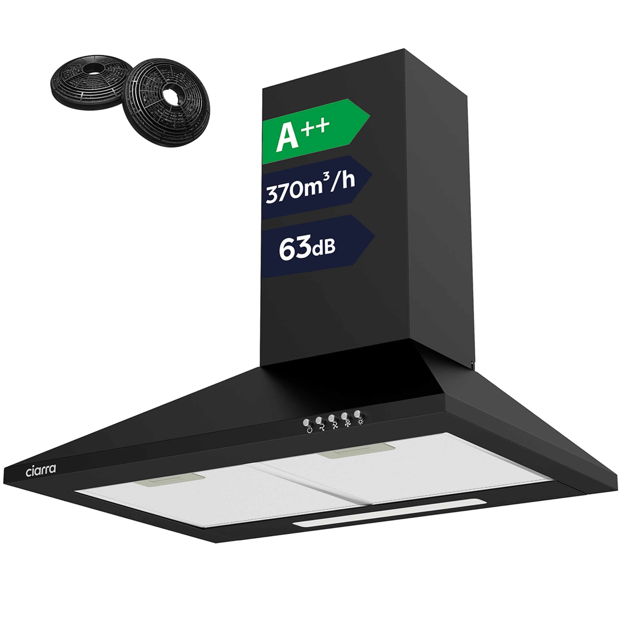 CIARRA Cooker Hood 60cm CBCB6201 600mm Kitchen Extractor Hood with Carbon Filters Recirculating&Ducting Wall Mounted Cooker Extractor Fan Black