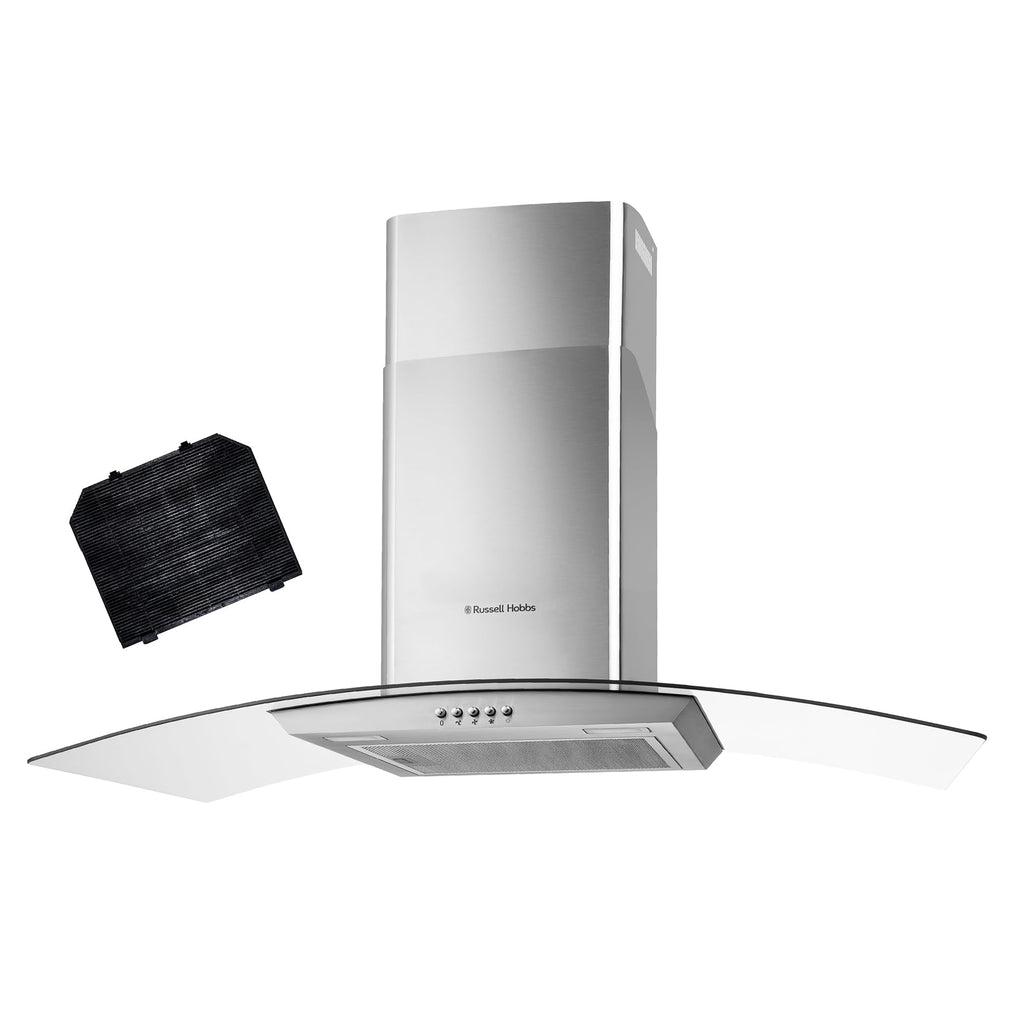 Russell Hobbs 90cm Curved Glass Cooker Hood in Stainless Steel with 3 Speed Settings, 1 x Carbon Filter, Extraction or Recirculation, 500m³/h Extraction Rate, A+ Energy Rating, RH90GCH92A1SS