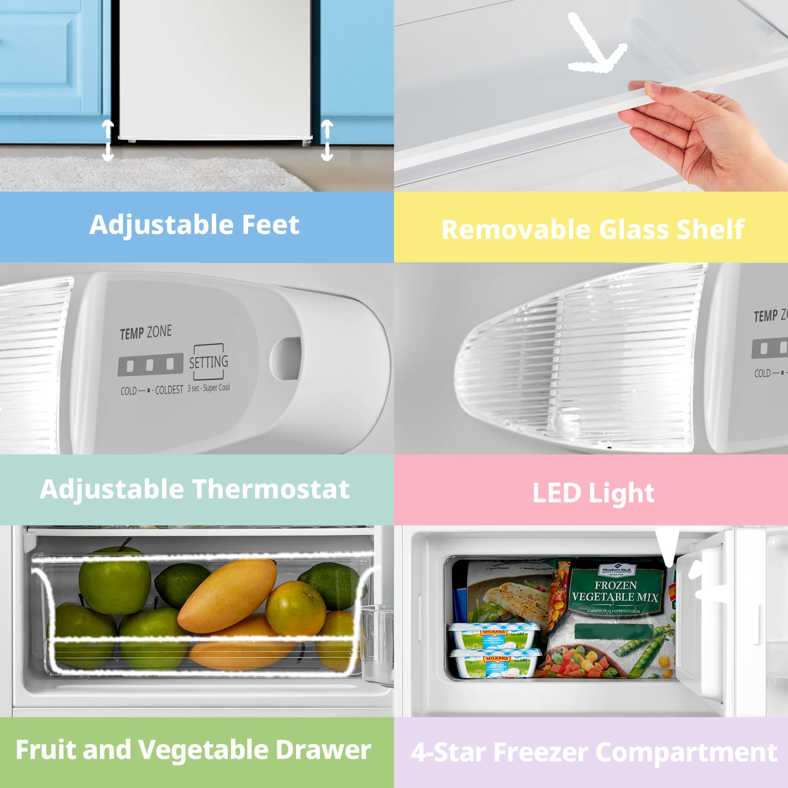 COMFEE' RCD80WH3UK(E) 80L Under Counter Fridge with 4 Star Ice Box, Inverter Compressor, Quiet 39dB, LED Light, Reversible Door, Adjustable Temperature Control, White