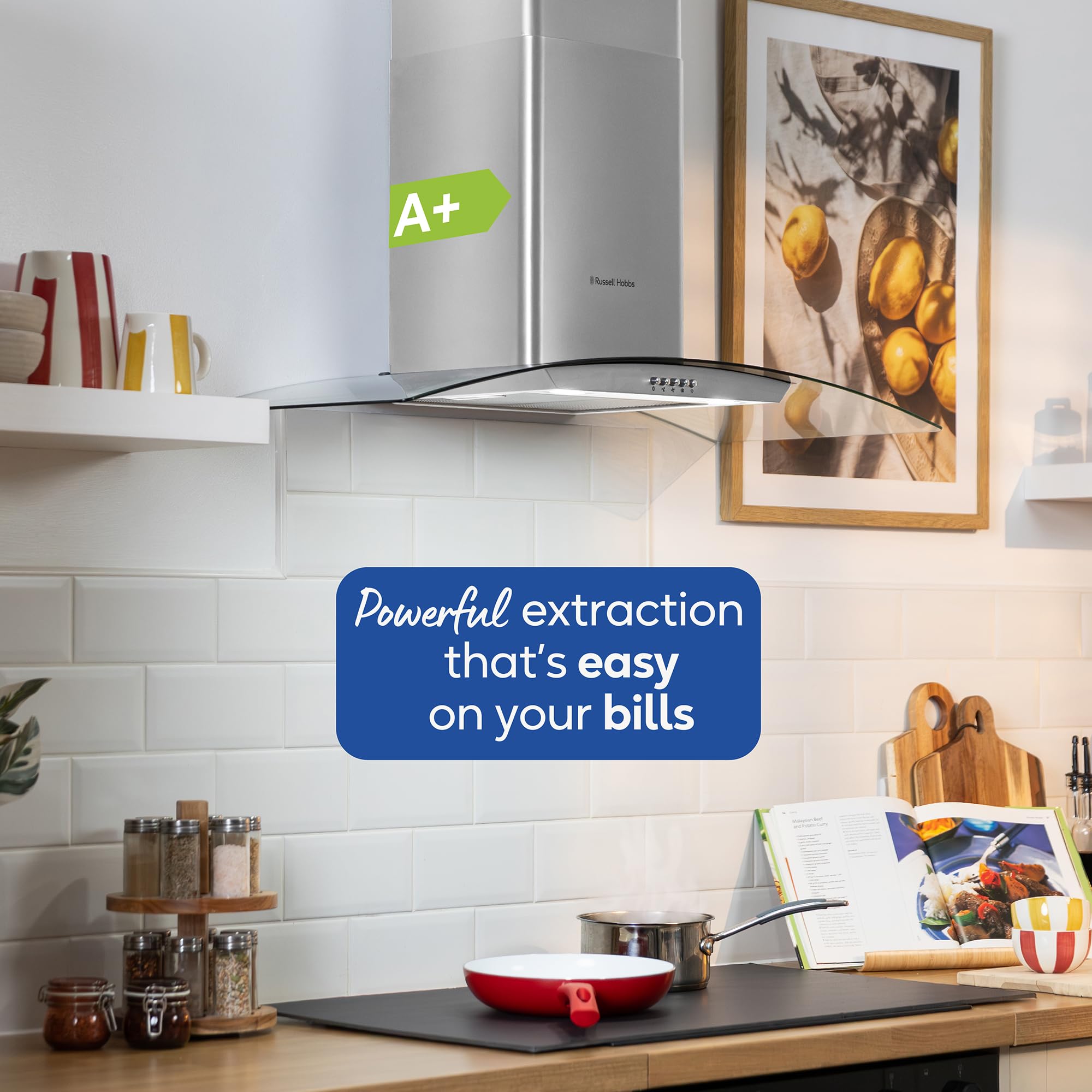 Russell Hobbs 90cm Curved Glass Cooker Hood in Stainless Steel with 3 Speed Settings, 1 x Carbon Filter, Extraction or Recirculation, 500m³/h Extraction Rate, A+ Energy Rating, RH90GCH92A1SS
