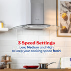 Russell Hobbs 90cm Curved Glass Cooker Hood in Stainless Steel with 3 Speed Settings, 1 x Carbon Filter, Extraction or Recirculation, 500m³/h Extraction Rate, A+ Energy Rating, RH90GCH92A1SS