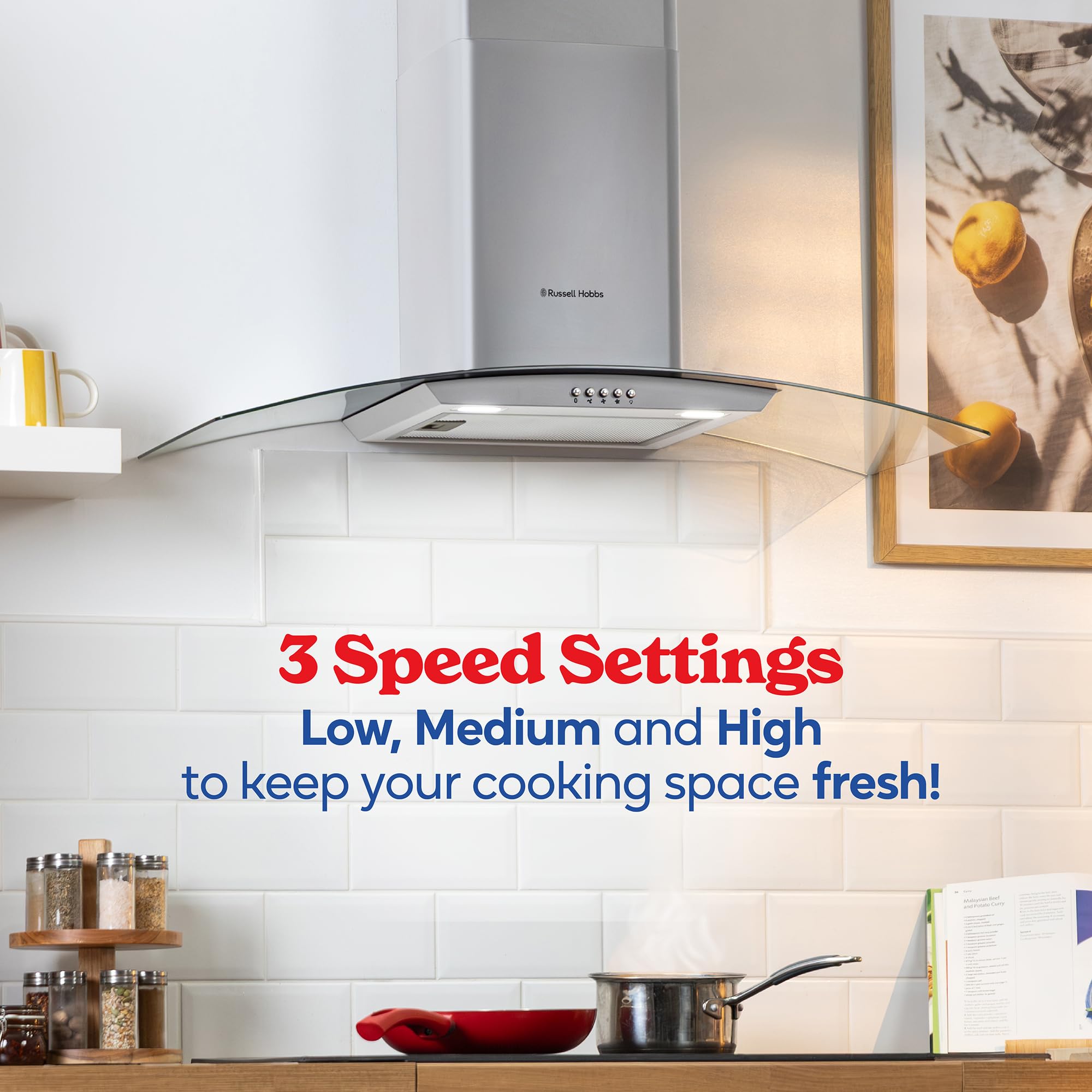 Russell Hobbs 90cm Curved Glass Cooker Hood in Stainless Steel with 3 Speed Settings, 1 x Carbon Filter, Extraction or Recirculation, 500m³/h Extraction Rate, A+ Energy Rating, RH90GCH92A1SS