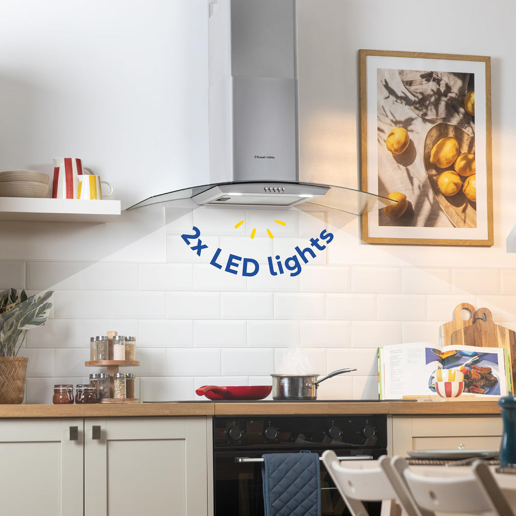 Russell Hobbs 90cm Curved Glass Cooker Hood in Stainless Steel with 3 Speed Settings, 1 x Carbon Filter, Extraction or Recirculation, 500m³/h Extraction Rate, A+ Energy Rating, RH90GCH92A1SS
