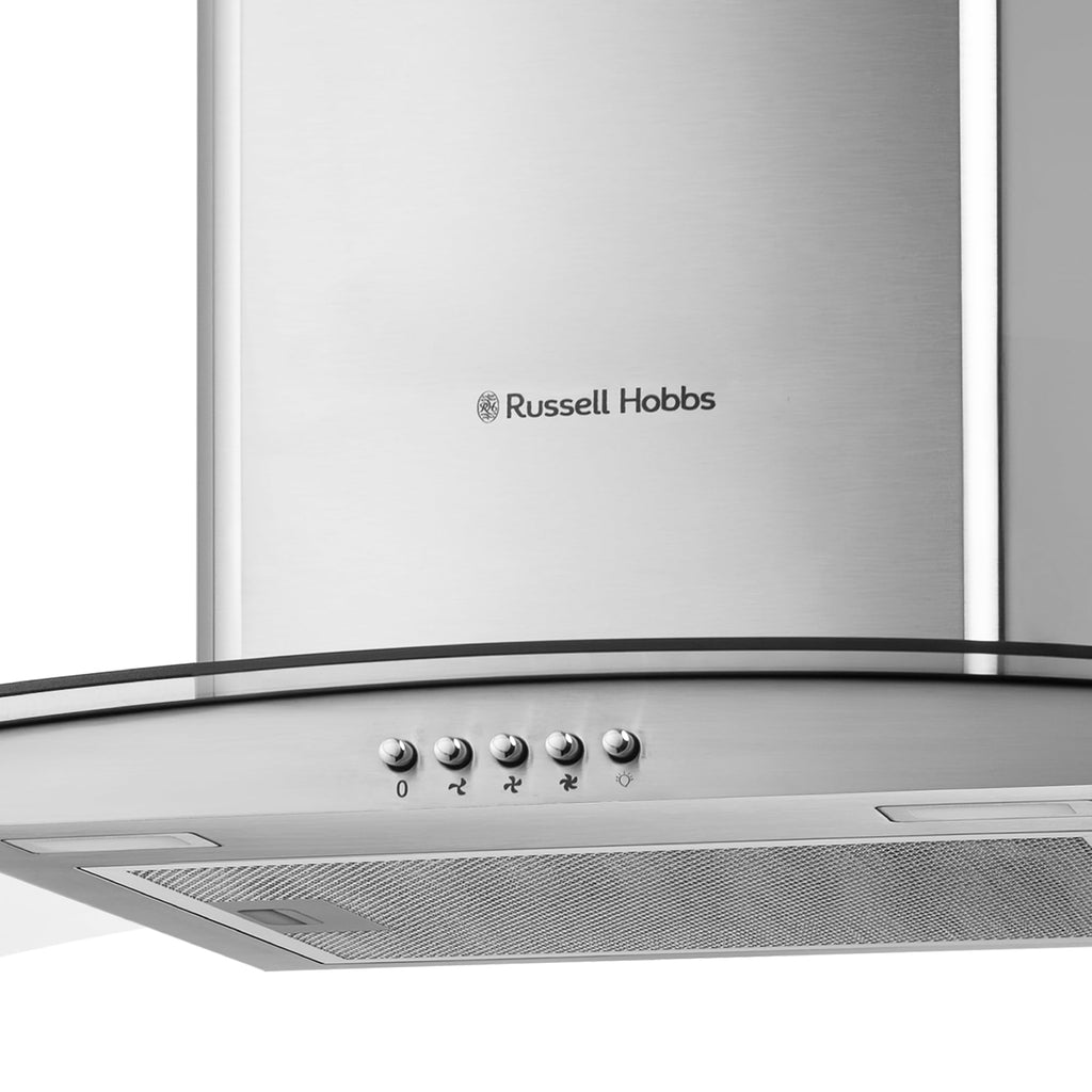 Russell Hobbs 90cm Curved Glass Cooker Hood in Stainless Steel with 3 Speed Settings, 1 x Carbon Filter, Extraction or Recirculation, 500m³/h Extraction Rate, A+ Energy Rating, RH90GCH92A1SS
