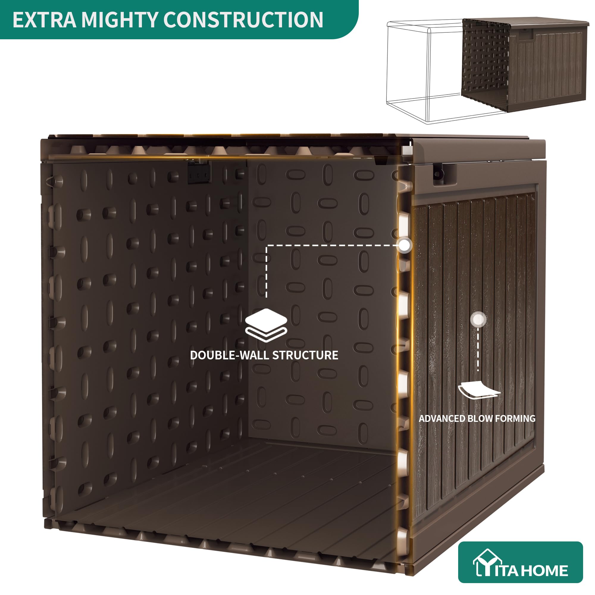 YITAHOME 303L Garden Outdoor Storage Box, HDPE Resin Deck Box with Lockable Lid & Side Handles, Waterproof Storage Bench for Patio Furniture, Cushions, Pool Gear & Garden Tools, Brown