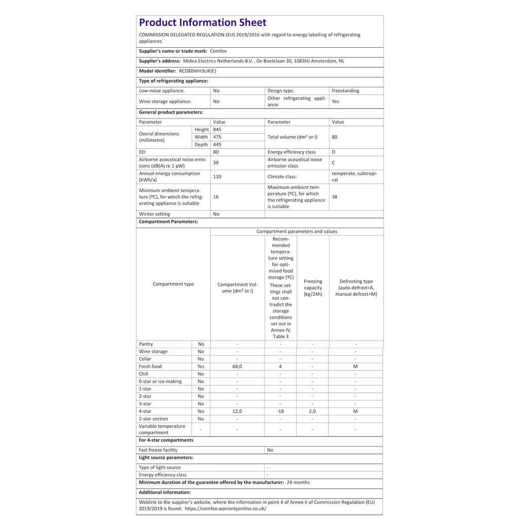 COMFEE' RCD80WH3UK(E) 80L Under Counter Fridge with 4 Star Ice Box, Inverter Compressor, Quiet 39dB, LED Light, Reversible Door, Adjustable Temperature Control, White