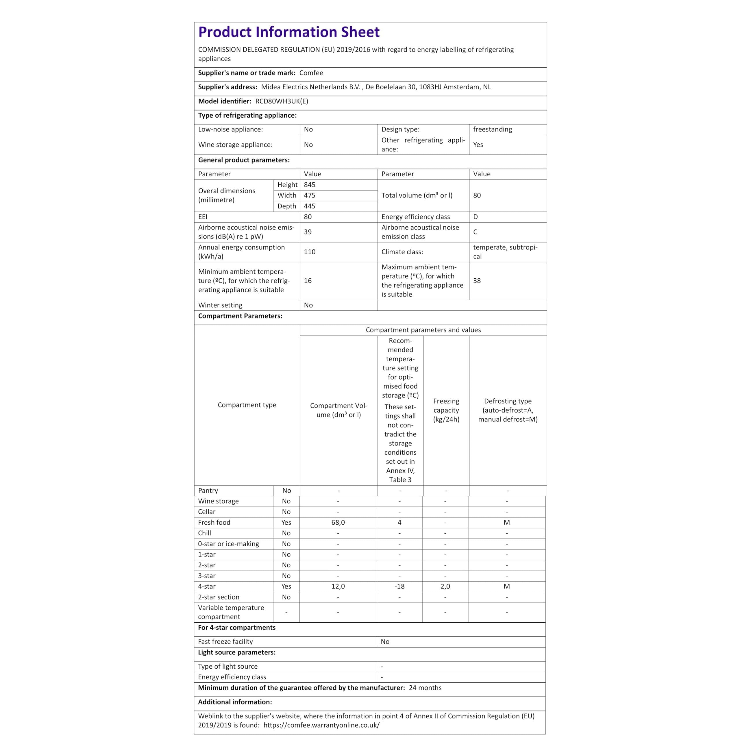 COMFEE' RCD80WH3UK(E) 80L Under Counter Fridge with 4 Star Ice Box, Inverter Compressor, Quiet 39dB, LED Light, Reversible Door, Adjustable Temperature Control, White