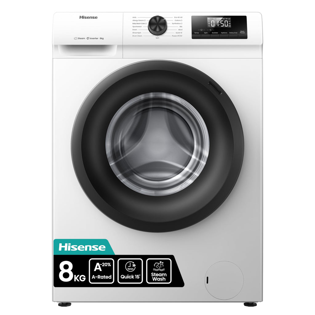 Hisense 1Q Series WF1Q8041BW Freestanding 8 KG Front Load Washing Durable Inverter Machine, Steam Wash, Quick Wash, 15 Washing Programs 1400 RPM White - Energy Rating A