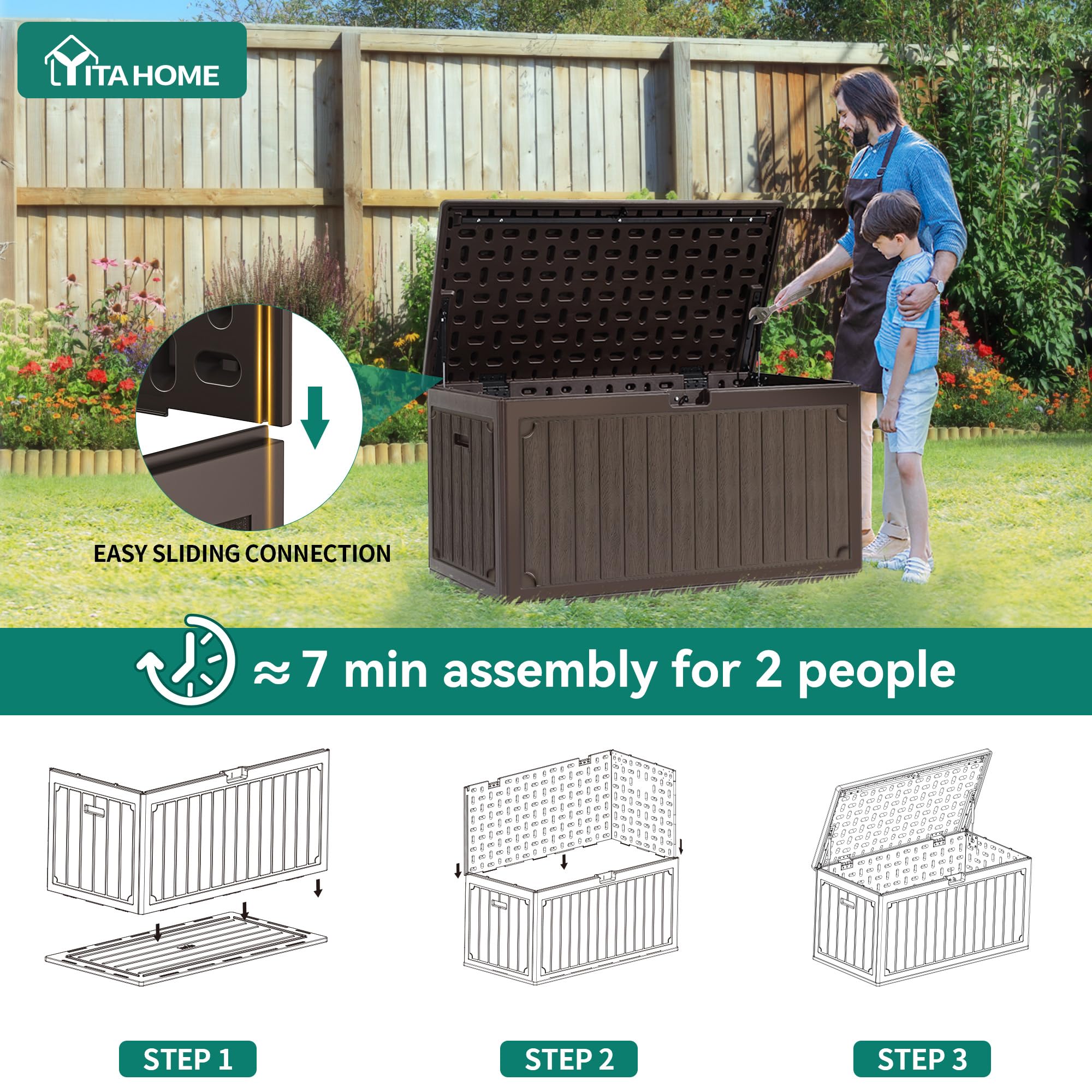 YITAHOME 303L Garden Outdoor Storage Box, HDPE Resin Deck Box with Lockable Lid & Side Handles, Waterproof Storage Bench for Patio Furniture, Cushions, Pool Gear & Garden Tools, Brown