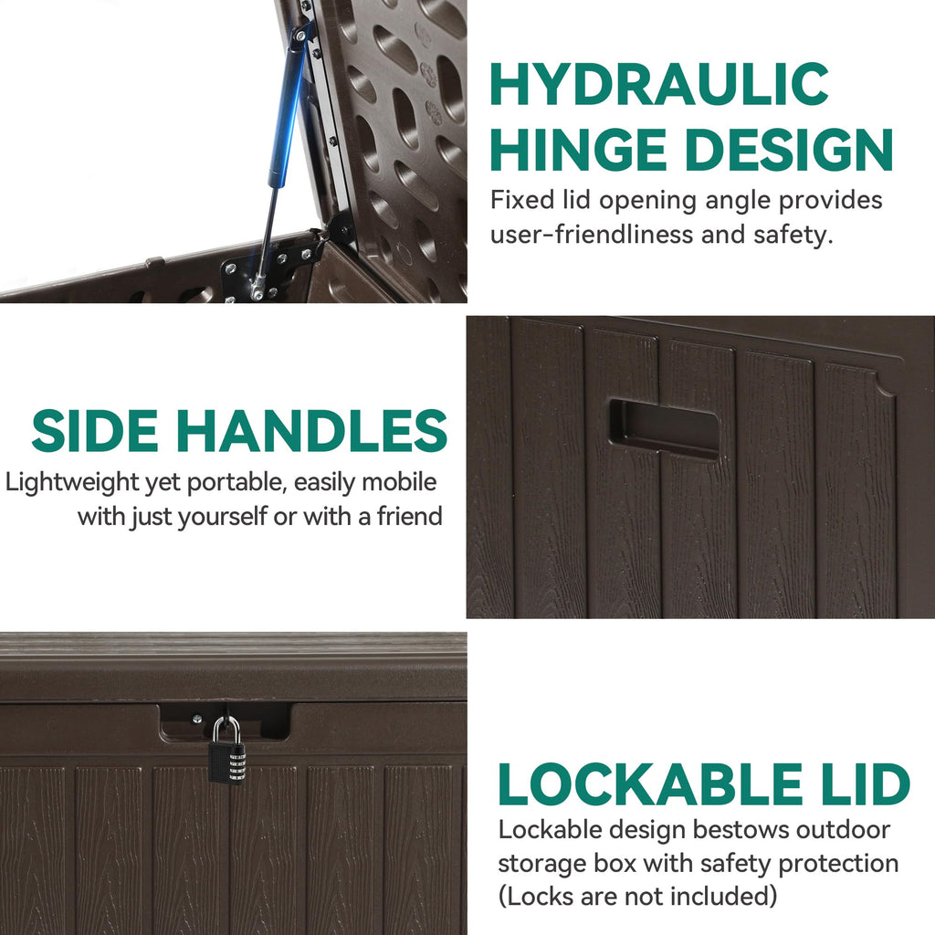 YITAHOME 303L Garden Outdoor Storage Box, HDPE Resin Deck Box with Lockable Lid & Side Handles, Waterproof Storage Bench for Patio Furniture, Cushions, Pool Gear & Garden Tools, Brown