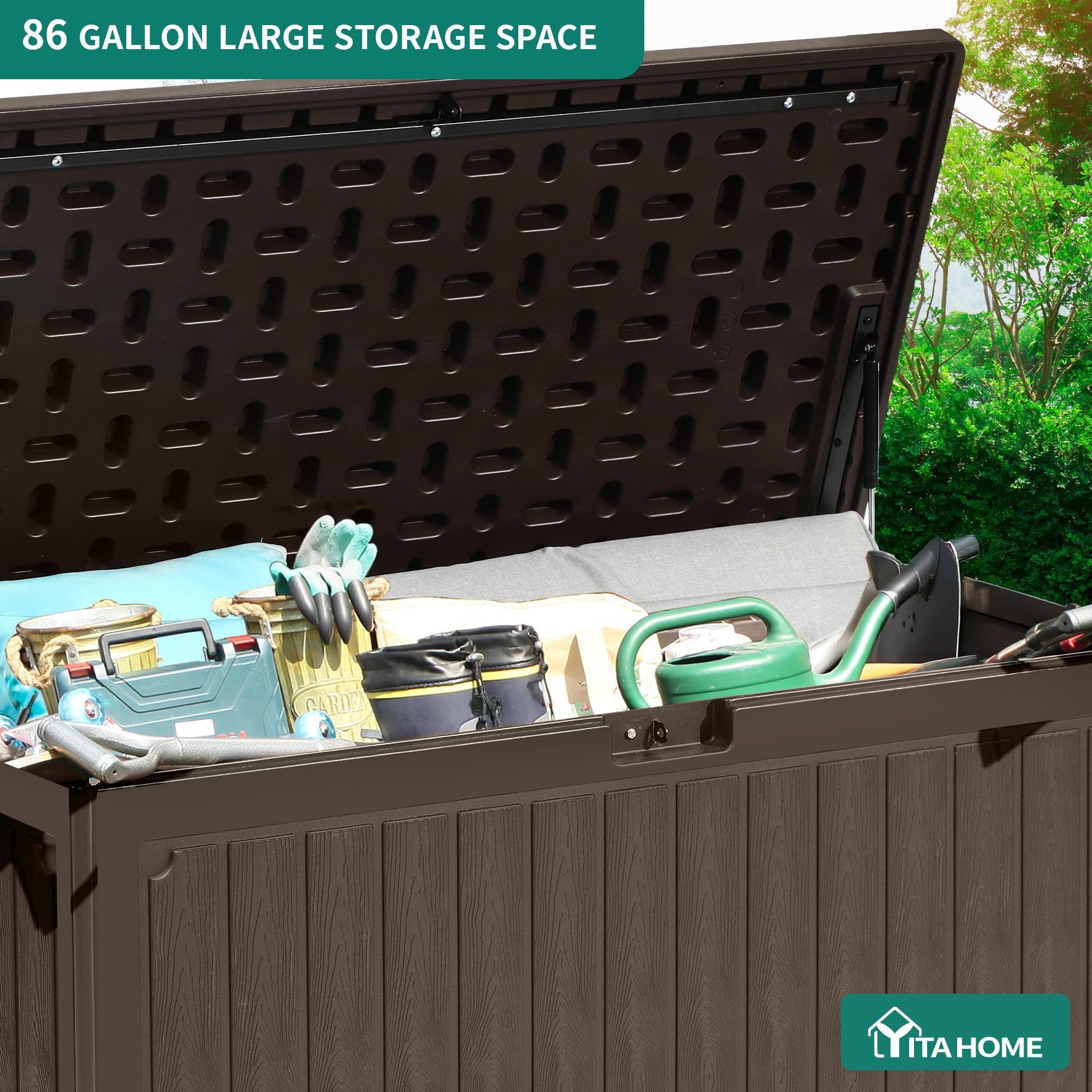 YITAHOME 303L Garden Outdoor Storage Box, HDPE Resin Deck Box with Lockable Lid & Side Handles, Waterproof Storage Bench for Patio Furniture, Cushions, Pool Gear & Garden Tools, Brown