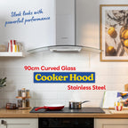 Russell Hobbs 90cm Curved Glass Cooker Hood in Stainless Steel with 3 Speed Settings, 1 x Carbon Filter, Extraction or Recirculation, 500m³/h Extraction Rate, A+ Energy Rating, RH90GCH92A1SS