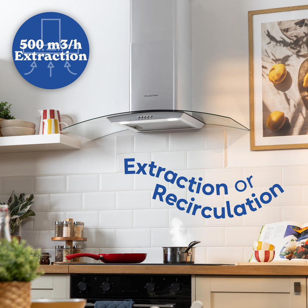 Russell Hobbs 90cm Curved Glass Cooker Hood in Stainless Steel with 3 Speed Settings, 1 x Carbon Filter, Extraction or Recirculation, 500m³/h Extraction Rate, A+ Energy Rating, RH90GCH92A1SS