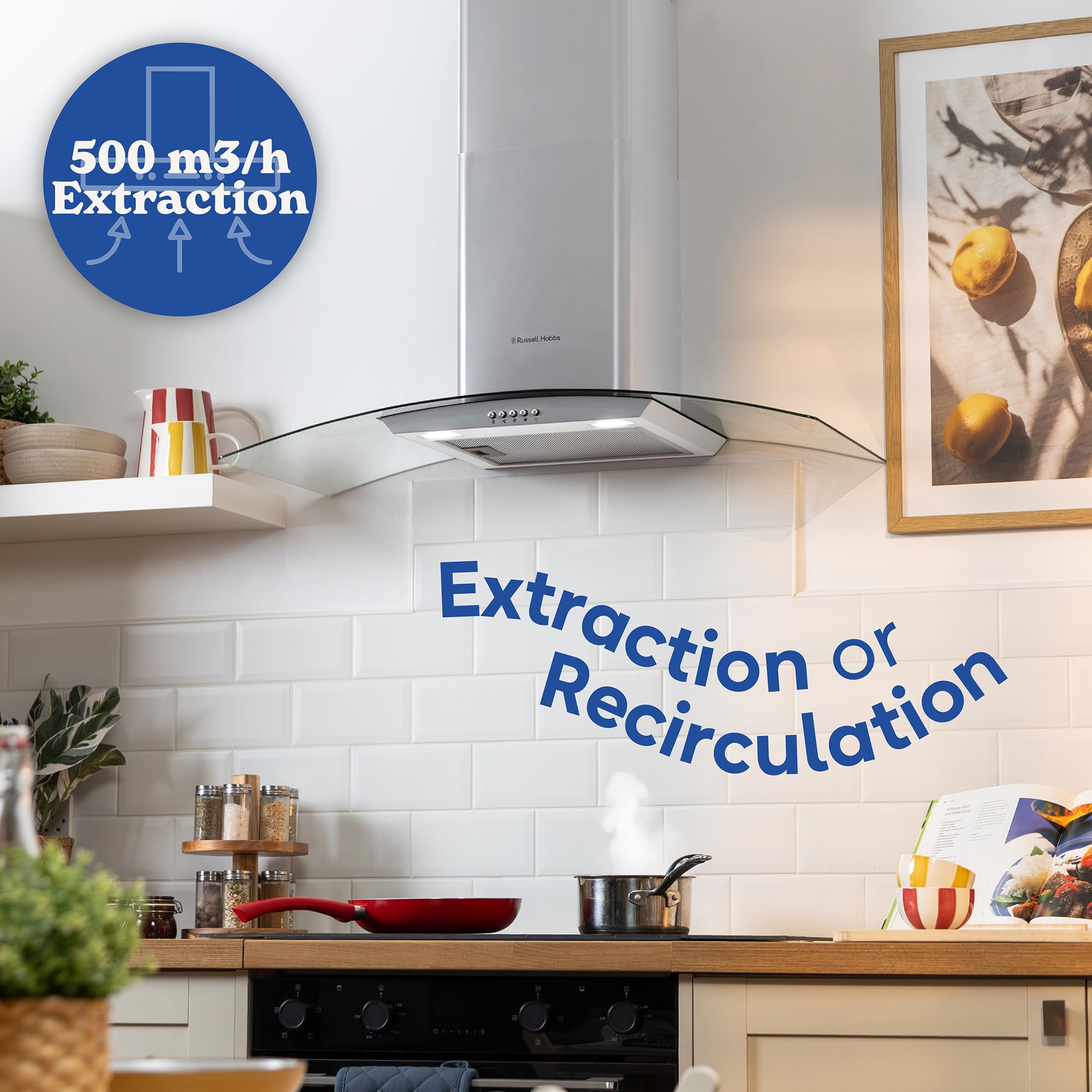 Russell Hobbs 90cm Curved Glass Cooker Hood in Stainless Steel with 3 Speed Settings, 1 x Carbon Filter, Extraction or Recirculation, 500m³/h Extraction Rate, A+ Energy Rating, RH90GCH92A1SS